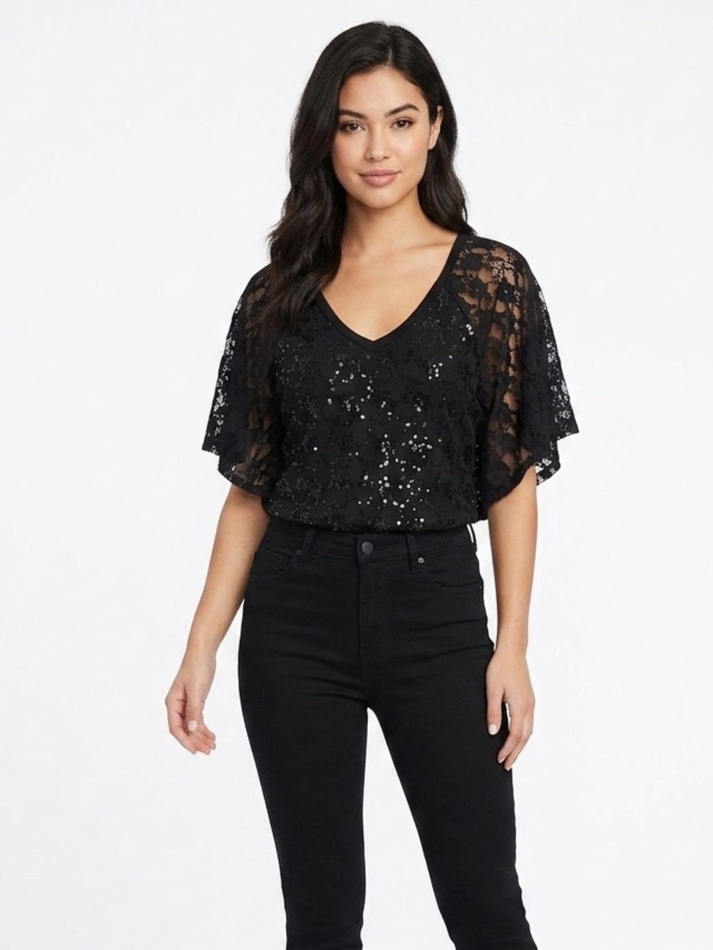 Guess Sequin Lace Flutter Sleeve V-Neck Top Size S Contemporary Whimsical Goth